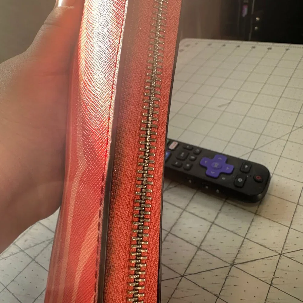 Coach Zebra Animal Print Wallet Coral Color Accordian Zip Around - Picture 5 of 8